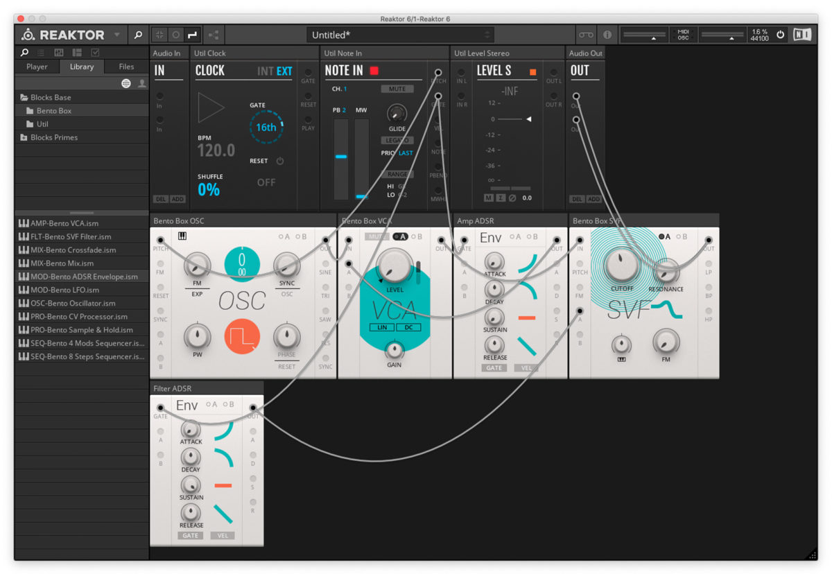 Connect the Util Note In Gate output to the Filter ADSR’s Gate input, and the Filter ADSR’s Out to the SVF’s modulator A input