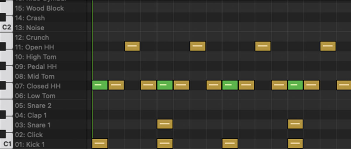 A simple house beat sequenced in a DAW piano roll