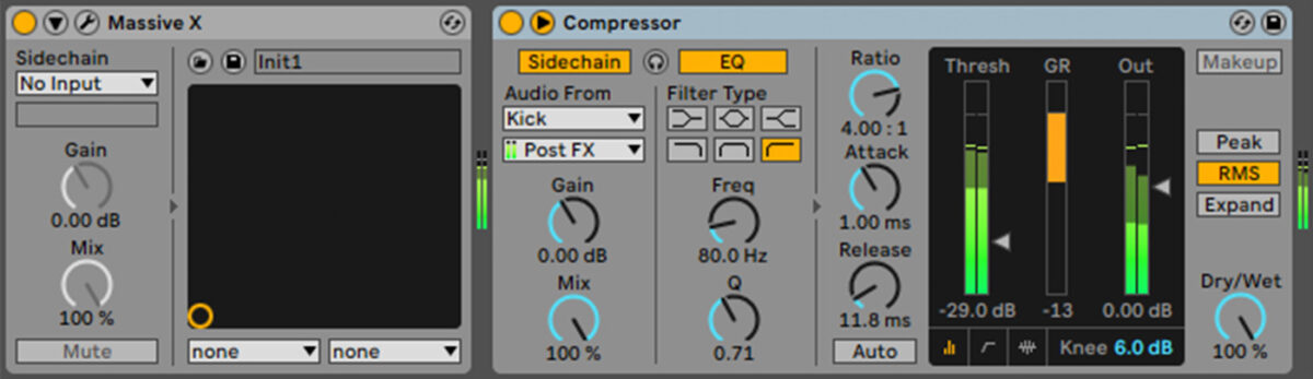 Sidechain compression with lowered threshold and delay values