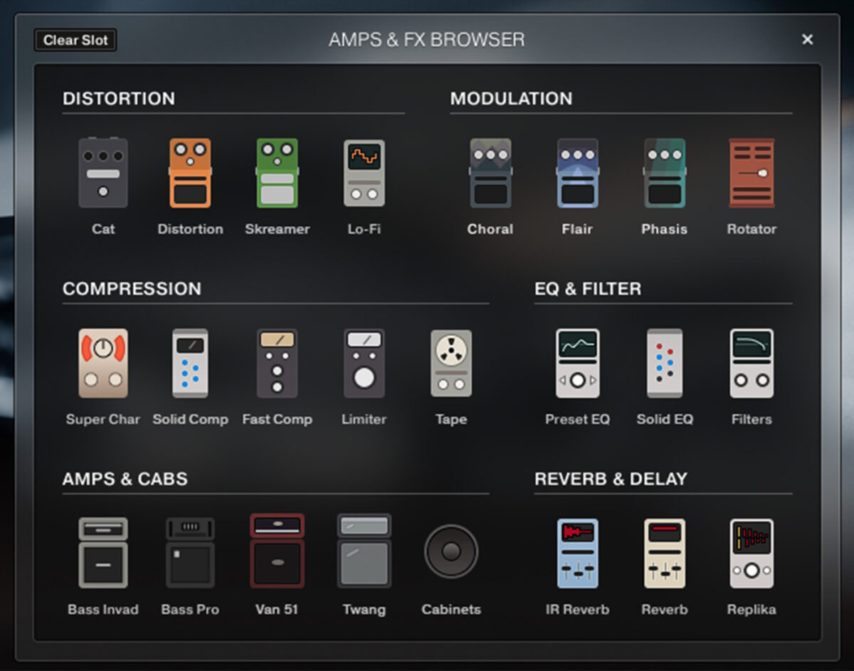 The Amps & FX browser