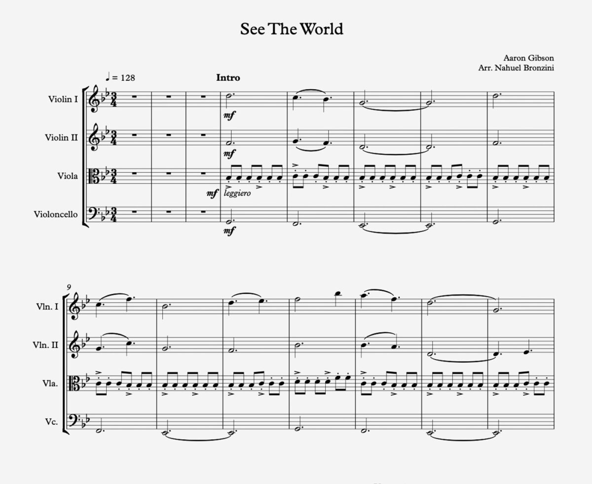 Sheet music for the intro of “See The World” by Aaron Gibson