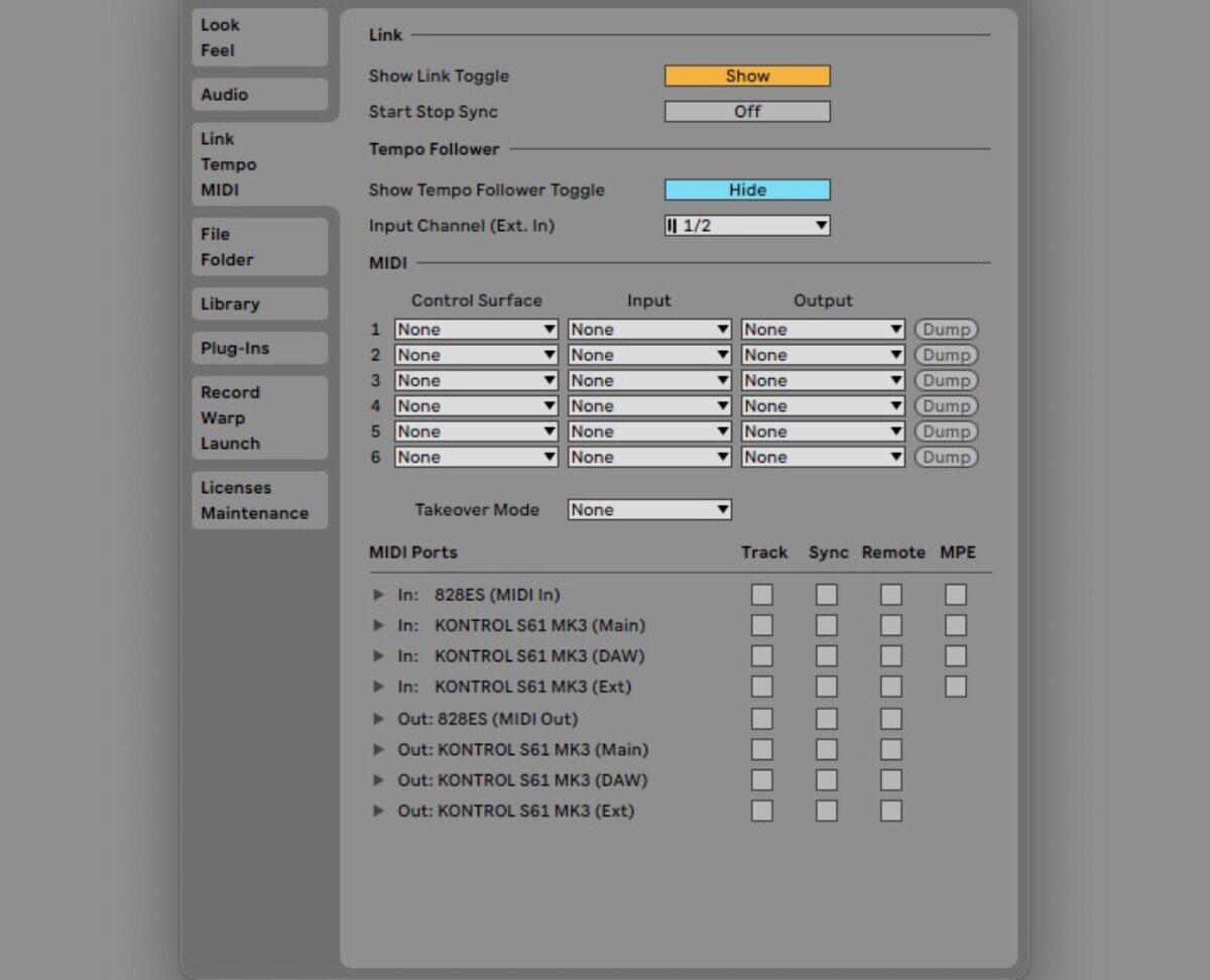 The Link/Tempo/MIDI tab