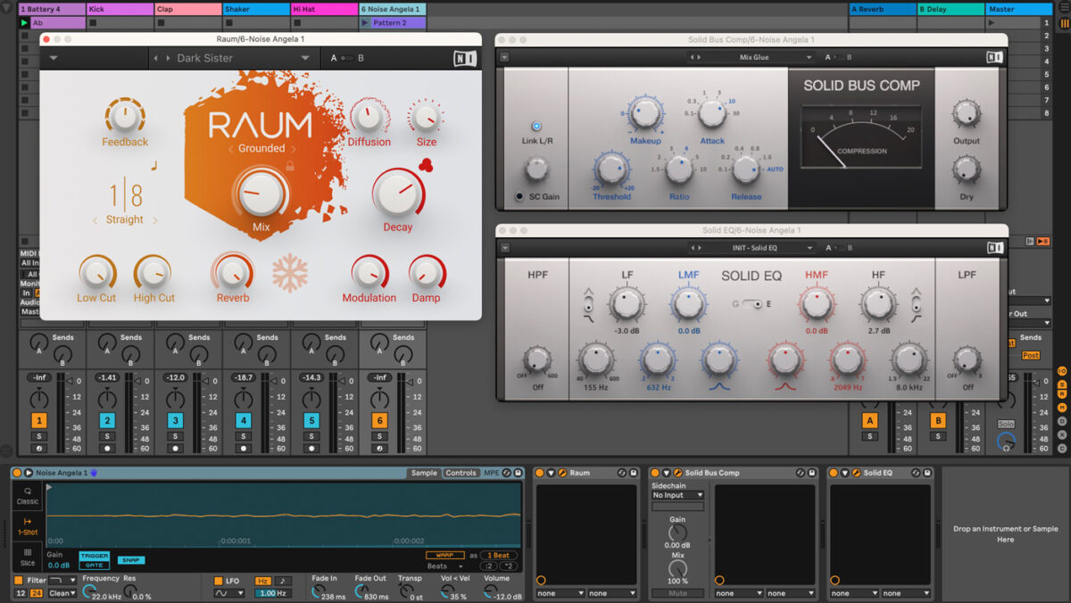 Percussive noise plugins: Raum, Solid Bus Comp, and Solid EQ