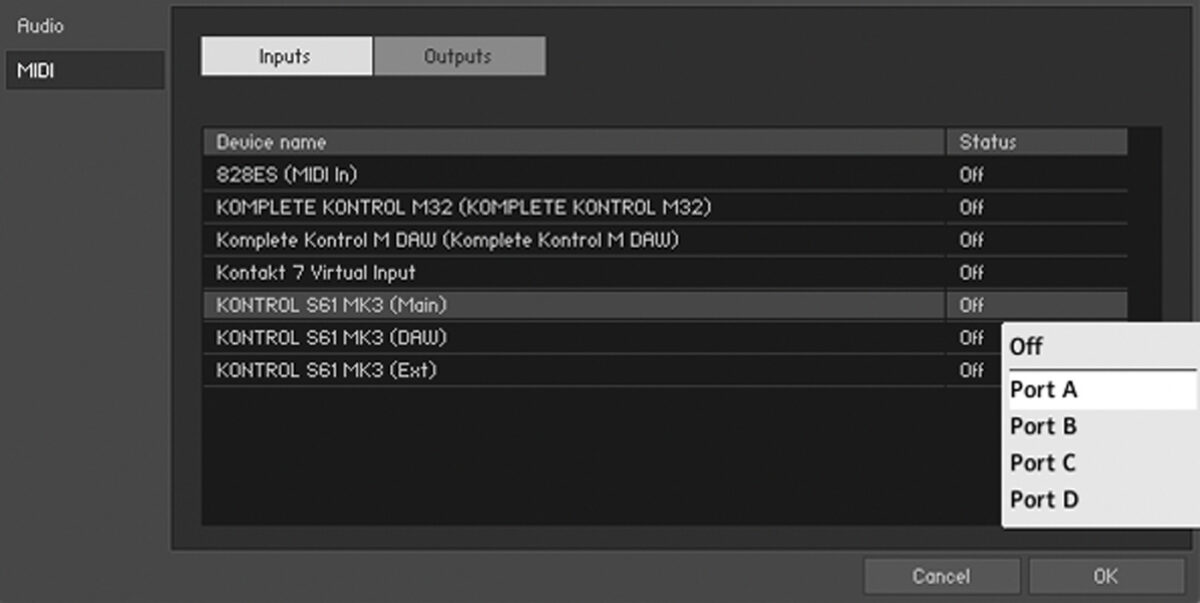 Selecting your MIDI device in Kontakt