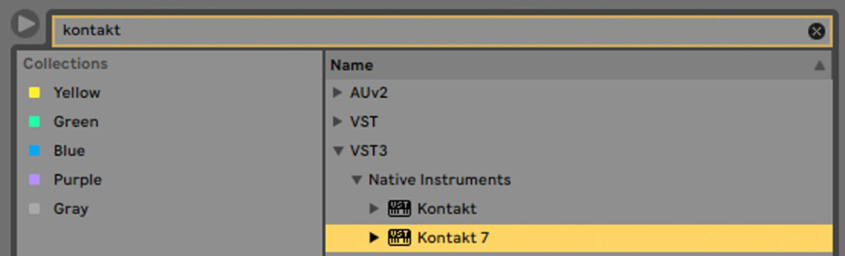Searching for and loading the Kontakt 7 plugin