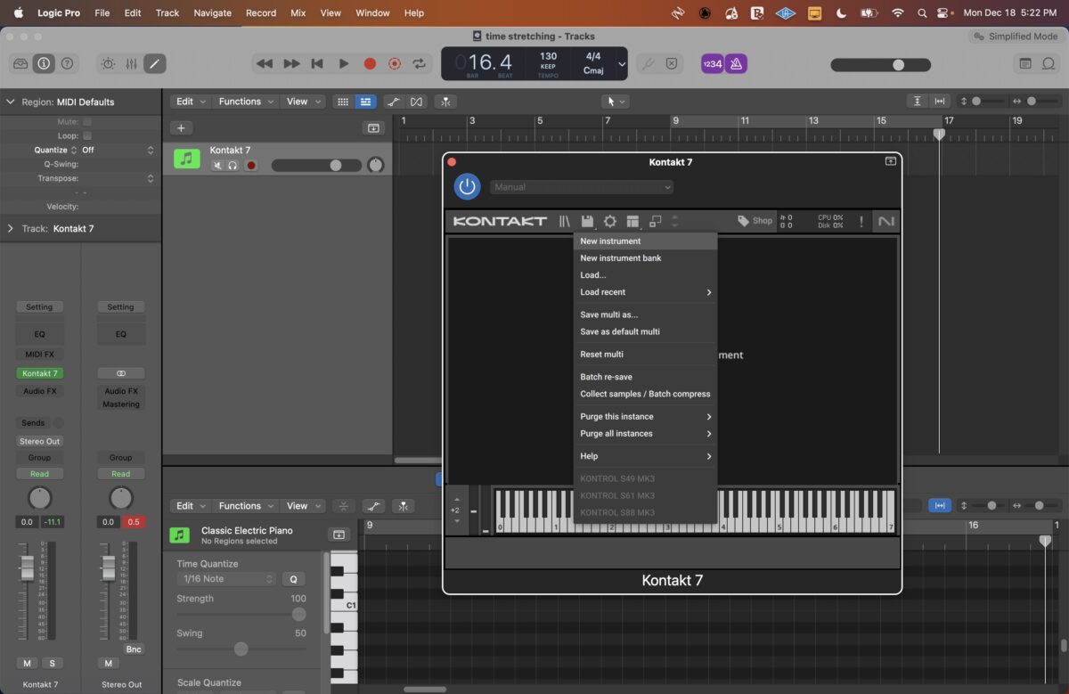 Selecting a new instrument in Kontakt