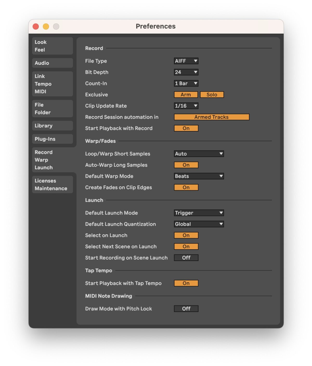 Ableton Warp Preferences