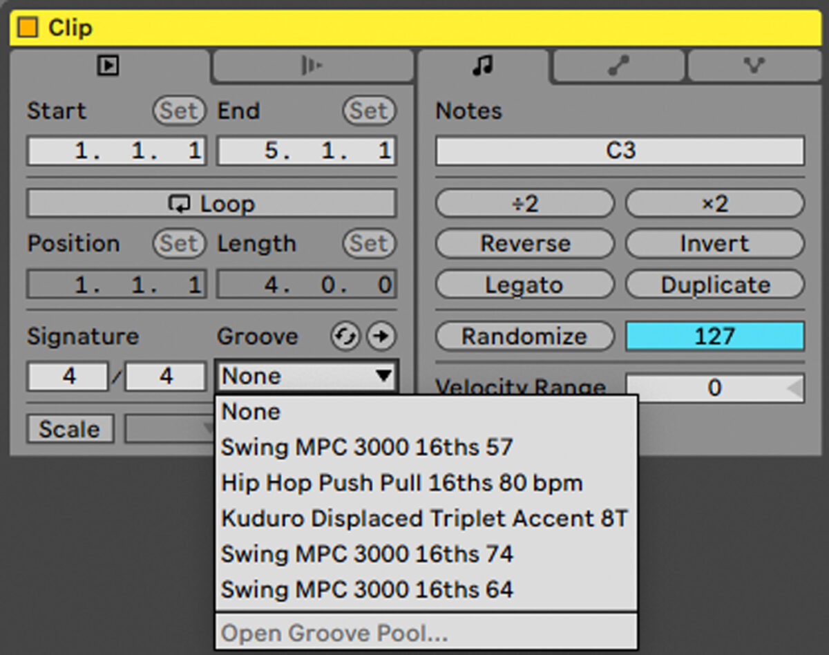 Applying a groove to a midi clip in Ableton Live