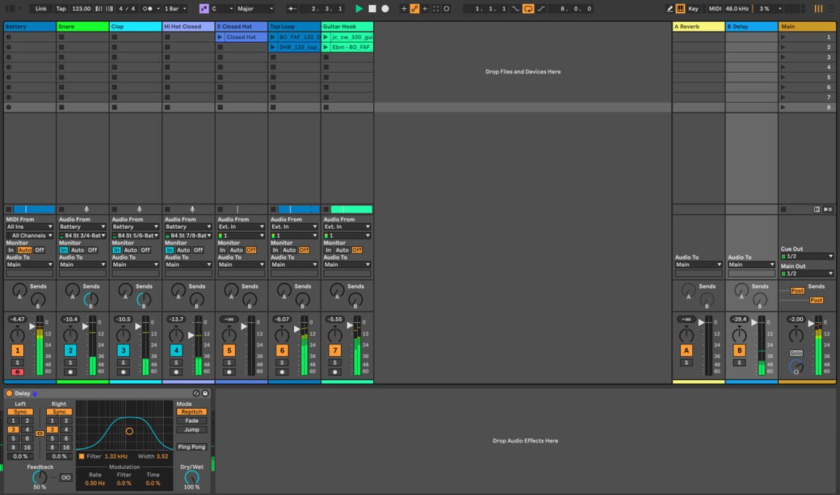 Adding Delay to the Snare and Clap using sends