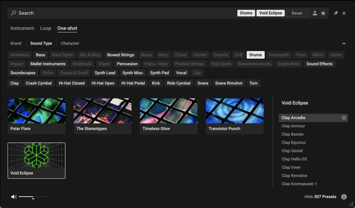 Selecting Void Eclipse’s one-shot drum sounds.