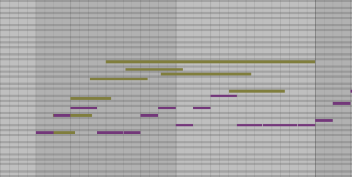 Phrase MIDI (yellow) with bassline MIDI (purple)