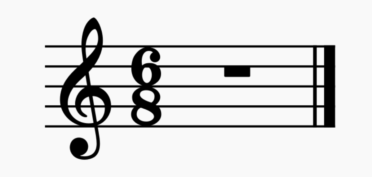 A 6/8 time signature on a music score looks like a fraction.