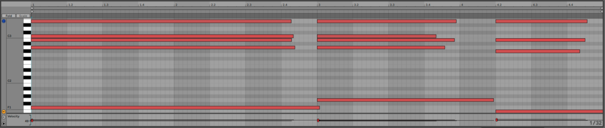 The chord progression and extended tension notes on a piano roll