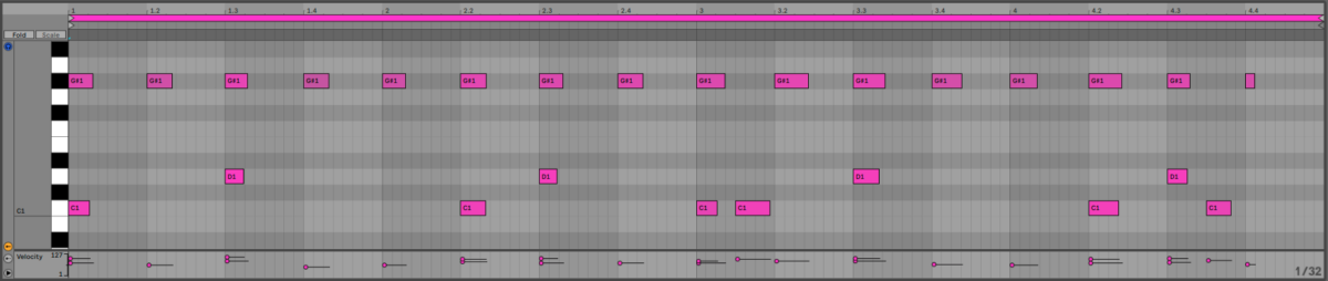 A basic drum pattern on a piano roll