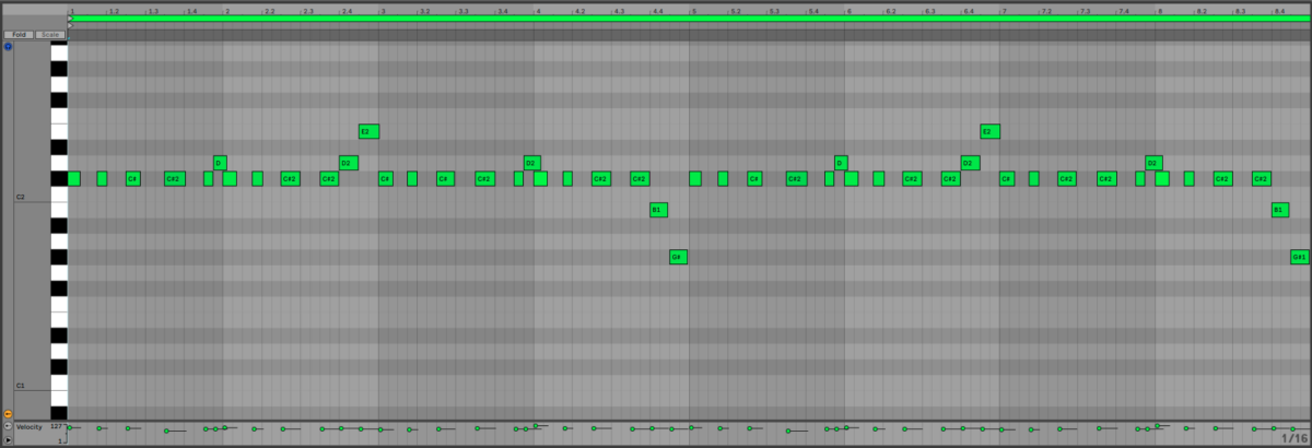 Our Phrygian-infused 808 cowbell melody on a piano roll