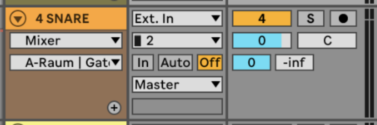 The snare channel’s A send (which is our reverb return) is set to full