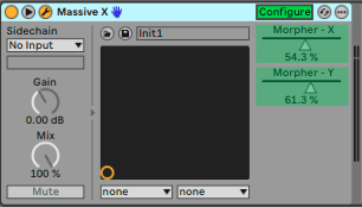 In Ableton, you’ll use configure mode to identify the Morpher’s X and Y axes. Then you’ll be able to assign percentage values and automate the axes