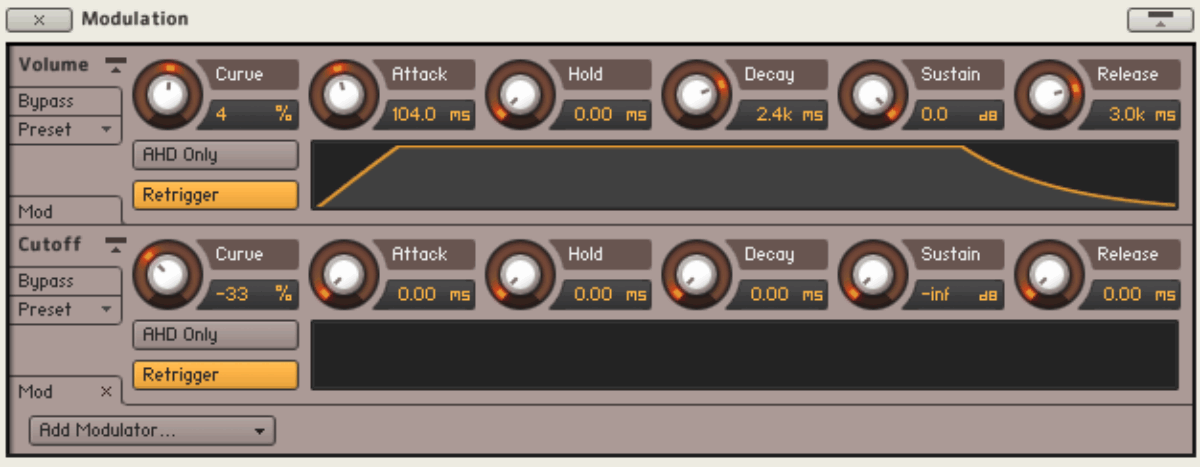 In this instance, we know that the modulators are affecting volume and cutoff. We see that by looking at the top left-hand side of each modulator.