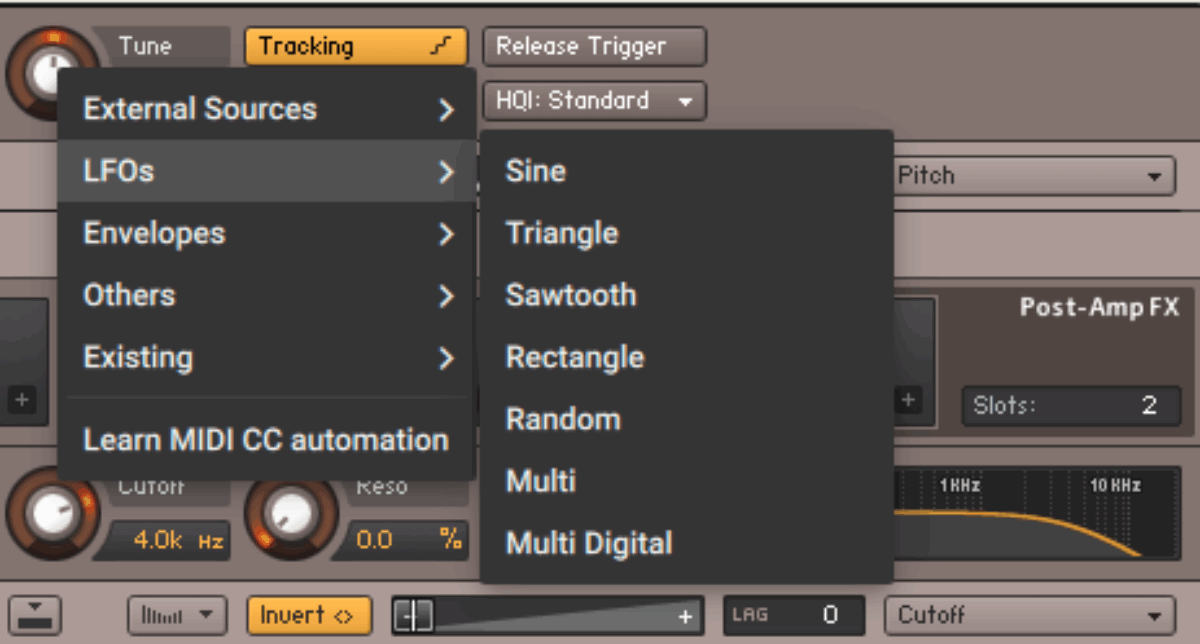 Right click on a parameter to see assignable modulators.