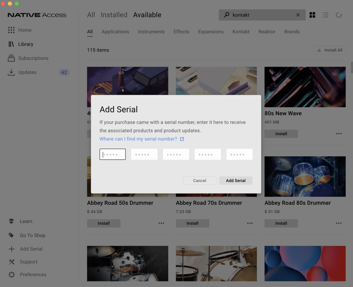 Adding a serial number in Native Access