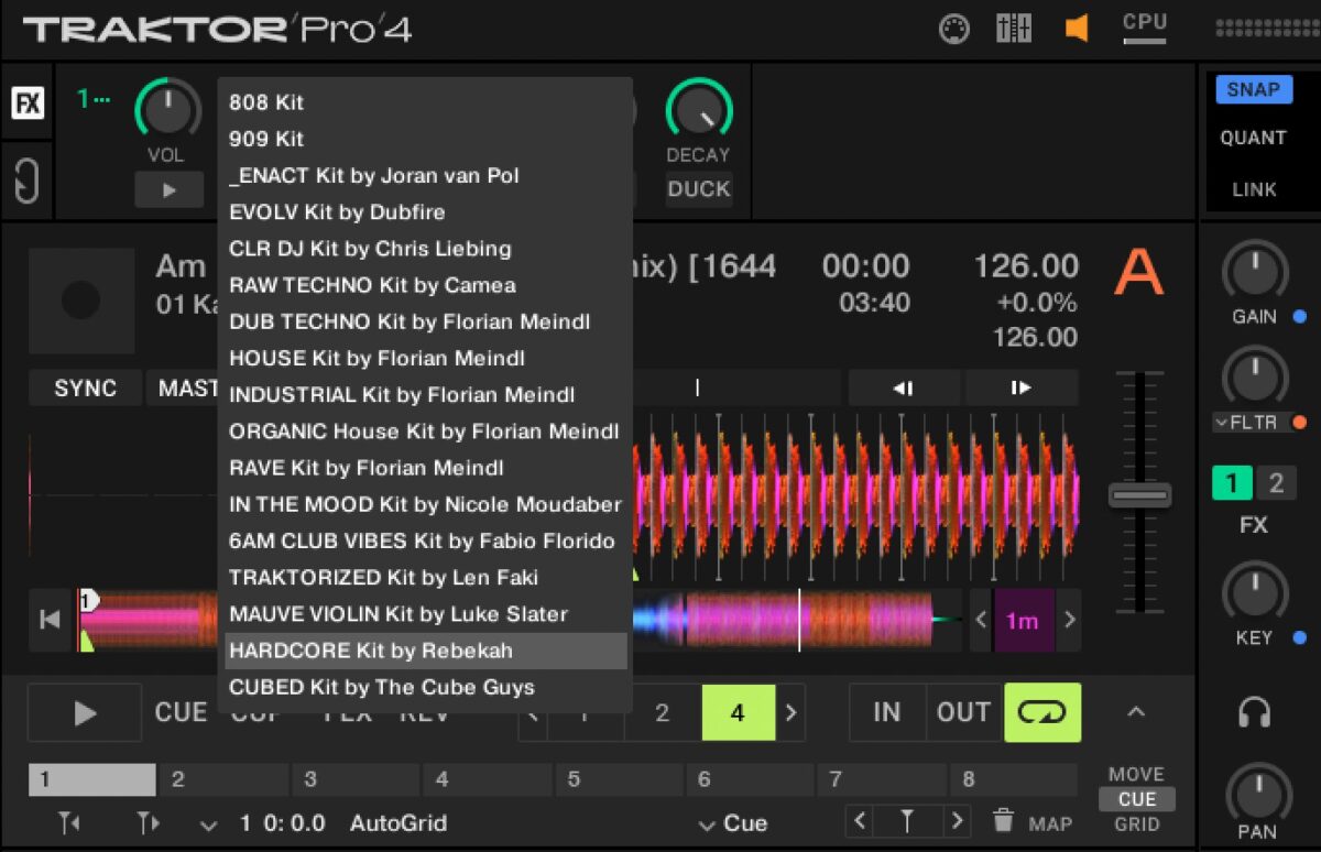 Selecting a drum kit from the drop-down menu
